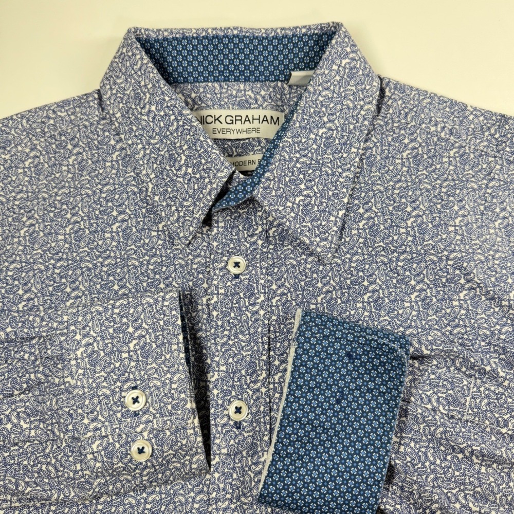 Nick Graham Everywhere L Blue Paisley Stretch Modern Fit Button Shirt Preppy